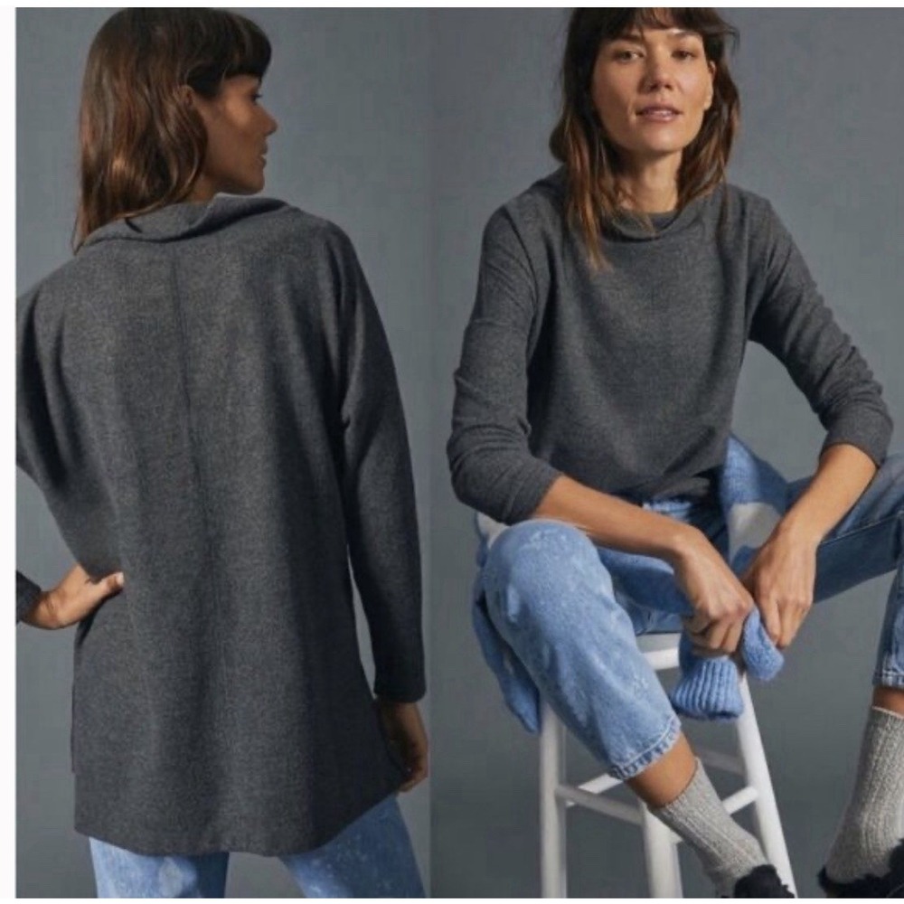 By Anthropologie Relaxed Mock Neck Charcoal Gray‎ Ribbed Tunic Sweater Women S
